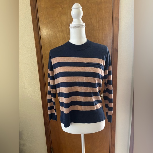 Madewell Lightweight Striped Crew Neck Single Pocket Cotton Blend Sweater - Picture 3 of 9